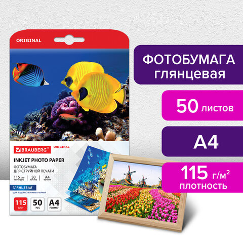 Фотобумага глянцевая, А4, 115 г/м2, односторонняя, 50 листов, BRAUBERG ORIGINAL, 363980