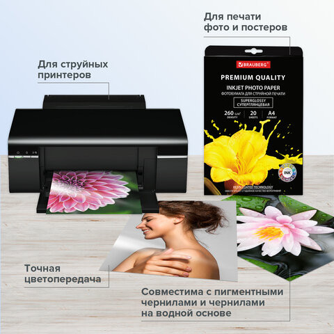 Фотобумага PREMIUM суперглянцевая, А4, 260 г/м2, односторонняя, 20 листов, BRAUBERG, 364004